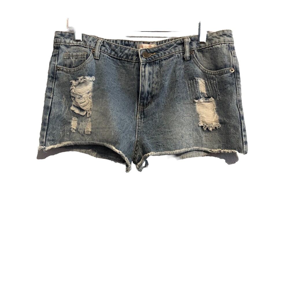 The Hanger Womens Shorts Large Jean‎ Denim High Rise Short Inseam Distressed